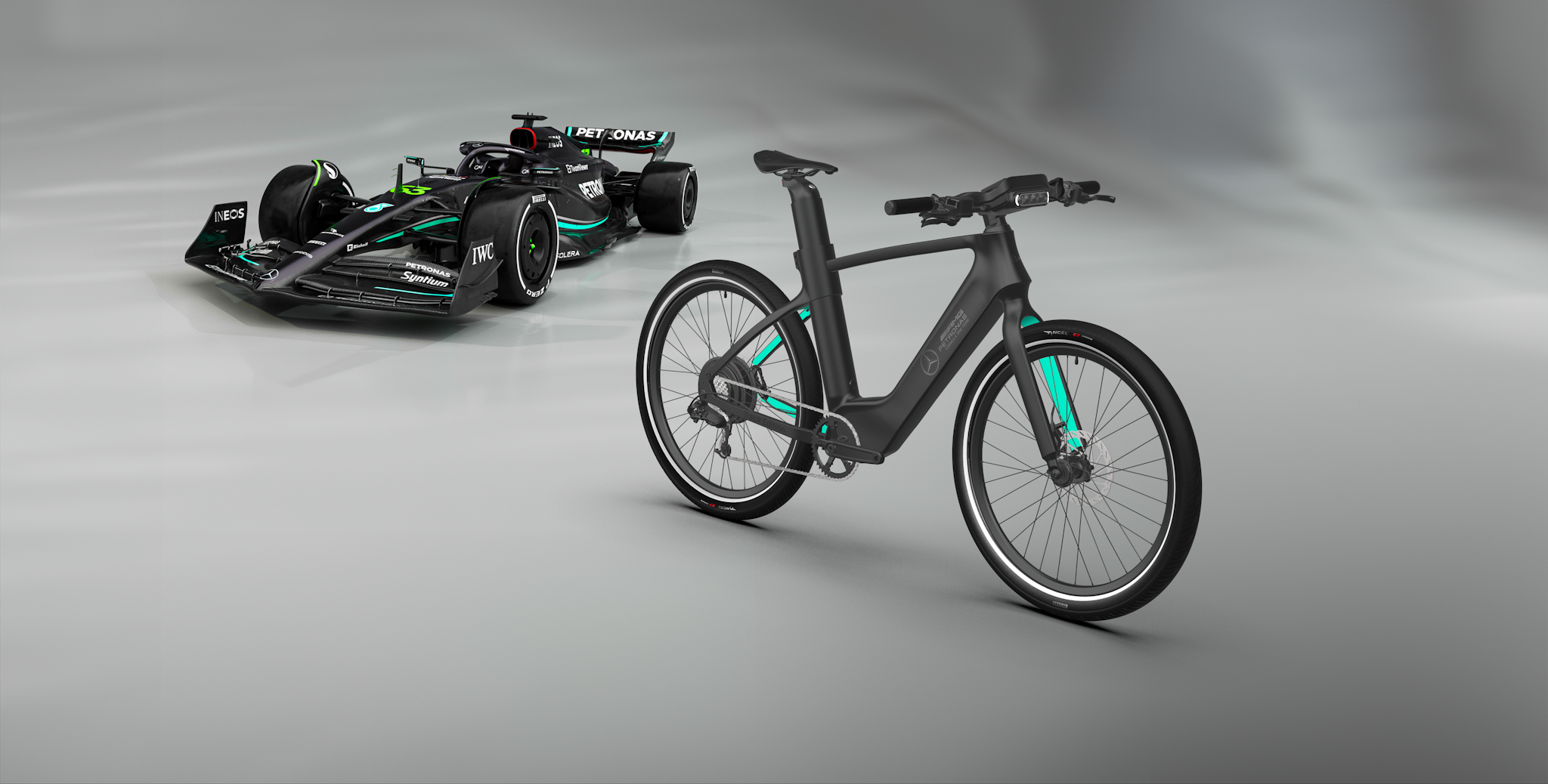 The Mercedes-AMG F1 Rallye Edition electric bike alongside the Mercedes-AMG Formula One car