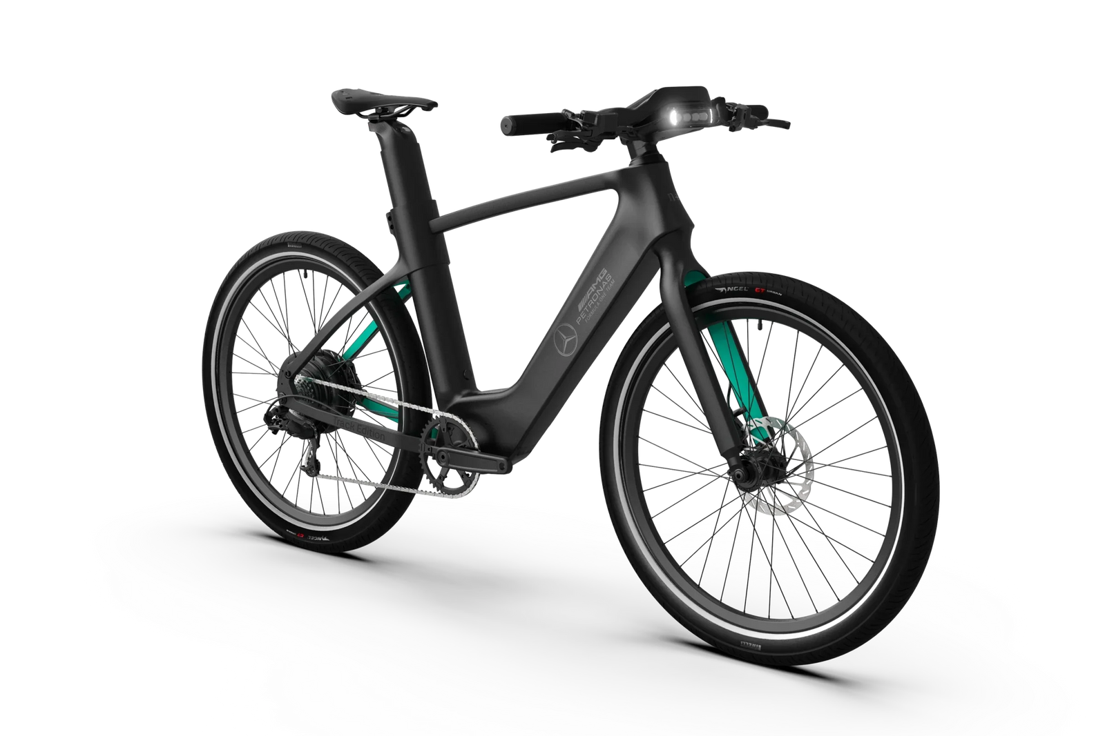 Side profile of the Mercedes-AMG F1® Track Edition 250 e-bike, including the drivetrain.